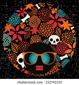 Black head woman with strange pattern on her hair. Vector illustration. 