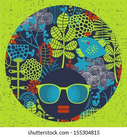 Black head woman with strange pattern on her hair. Vector illustration.