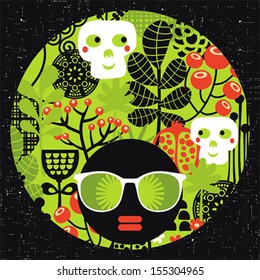 Black head woman with strange pattern on her hair. Vector illustration.