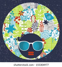 Black head woman with strange pattern on her hair. Vector illustration.