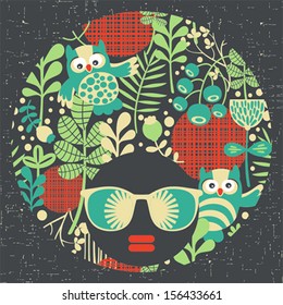 Black head woman with strange pattern on her hair. Vector illustration.