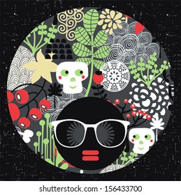 Black head woman with strange pattern on her hair. Vector illustration.