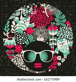Black head woman with strange pattern on her hair. Vector illustration.