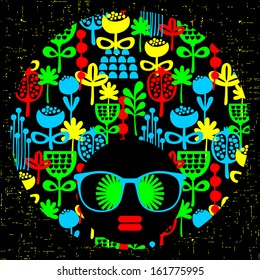 Black head woman with strange pattern on her hair. Vector illustration.