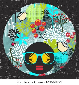 Black head woman with strange pattern on her hair. Vector illustration.
