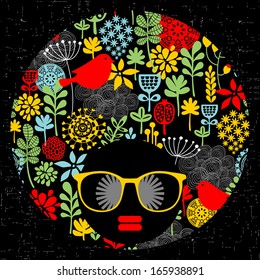 Black head woman with strange pattern on her hair. Vector illustration.