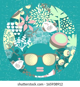 Black head woman with strange pattern on her hair. Vector illustration.