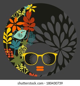 Black head woman with strange pattern on her hair. Vector illustration.