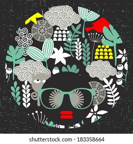 Black head woman with strange pattern on her hair. Vector illustration.