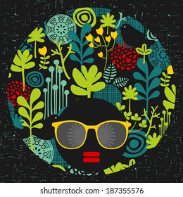 Black head woman with strange pattern on her hair. Vector illustration.