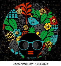 Black head woman with strange pattern on her hair. Vector illustration.