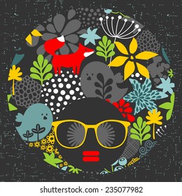 Black head woman with strange pattern on her hair. Vector illustration.