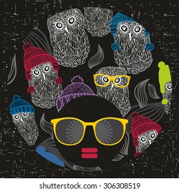 Black head woman with strange pattern on her hair. Vector illustration.
