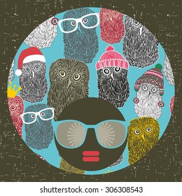 Black head woman with strange pattern on her hair. Vector illustration.
