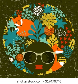 Black head woman with strange pattern on her hair. Vector illustration.