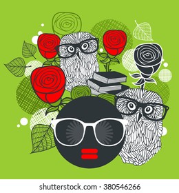 Black head young and pretty girl with creative hair dress. Vector illustration of afro woman. Colorful print.