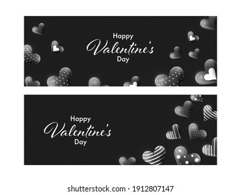 Black Header Or Banner Design Decorated With 3D Hearts And Happy Valentine's Day Font.