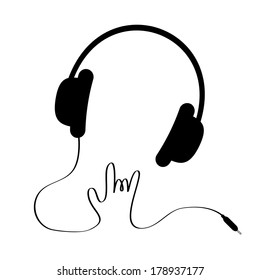 Black headphones with cord in shape of hand. Rock and roll sign. Music card. Vector illustration.