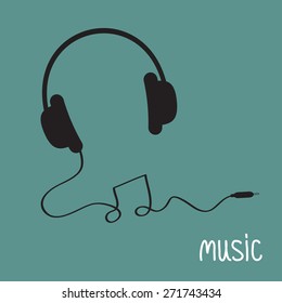 Black headphones with cord in shape of note Music background card. Flat design  Vector illustration.