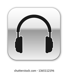 Black Headphones icon isolated on white background. Earphones sign. Concept object for listening to music, service, communication and operator. Silver square button. Vector Illustration