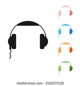 Black Headphones icon isolated on white background. Earphones sign. Concept for listening to music, service, communication and operator. Set icons colorful. Vector Illustration