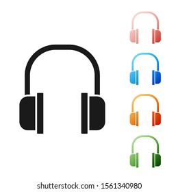 Black Headphones icon isolated on white background. Earphones sign. Concept for listening to music, service, communication and operator. Set icons colorful. Vector Illustration
