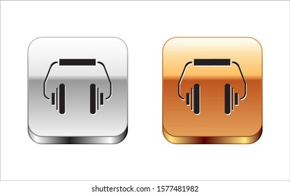 Black Headphones icon isolated on white background. Earphones. Concept for listening to music, service, communication and operator. Silver-gold square button. Vector Illustration