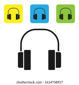 Black Headphones icon isolated on white background. Earphones. Concept for listening to music, service, communication and operator. Set icons colorful square buttons. Vector Illustration
