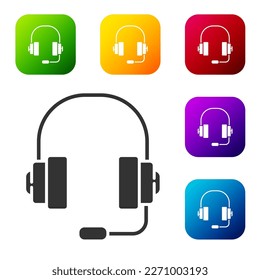Black Headphones icon isolated on white background. Support customer service, hotline, call center, faq, maintenance. Set icons in color square buttons. Vector Illustration