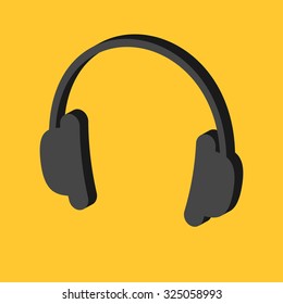 Black headphones icon. Isometric effect. Dash line frame. Blue background Vector illustration.