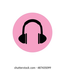 Black headphones icon vector illustration. Pink button. Pink circle
