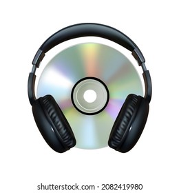 Black headphones for listening to audio data and a CD. 3d vector illustration