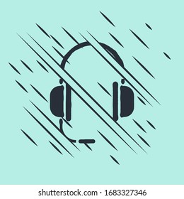 Black Headphones with microphone icon isolated on green background. Glitch style. Vector Illustration