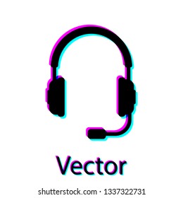 Black Headphones with microphone icon on white background. Earphones sign. Concept object for listening to music, service, communication and operator. Vector Illustration