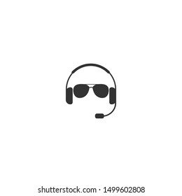 black headphones, microphone and pilot glasses icon. Flat vector earphones, headset icon isolated on white. Pilot avatar. Music and volume symbol. 