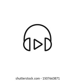 black headphones with play sign. Flat vector earphones icon isolated on white. Listen sound sign. Music and volume symbol. Good for web and mobile, infographics. 