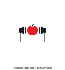 black headphones with red apple icon. Flat vector earphones isolated on white. Listen favorite misic sign. Love song, romantic radio logo. 