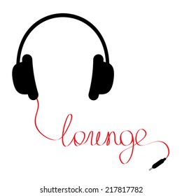 Black headphones with red cord in shape of word lounge Music card Flat design Vector illustration