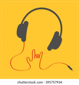 Black headphones with red cord in shape of hand. Rock and roll sign. Music card Icon Flat design style. Yellow background. Vector illustration