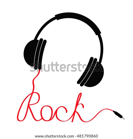 Black headphones with red cord in shape of word rock. Music card. Flat design icon. White background. Isolated. Vector illustration