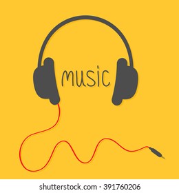 Black headphones with red cord and black word Music. Flat design icon. Yellow background. Vector illustration