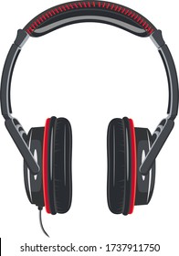 black headphones with red elements. wired music headphones in a flat design