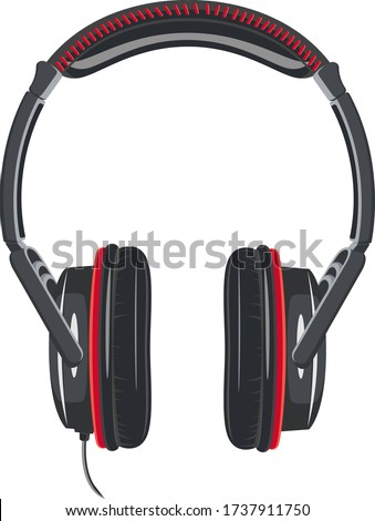 black headphones with red elements. wired music headphones in a flat design