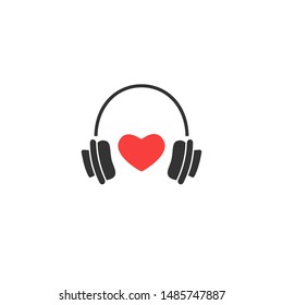 black headphones with red heart icon. Flat vector earphones isolated on white. Listen favorite misic sign. Love song, romantic radio logo. 