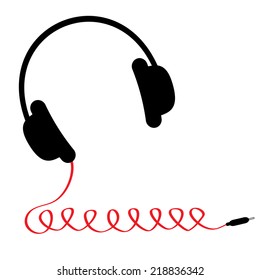 Black headphones with red spring cord. Music card. Flat design. Vector illustration