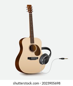 Black headphones and six-string acoustic guitar for music concept design,vector 3d islated on white background for poster design