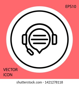 Black Headphones with speech bubble chat icon isolated on red background. Support customer service, hotline, call center, faq, maintenance. White circle button. Vector Illustration