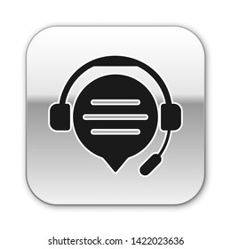 Black Headphones with speech bubble chat icon isolated on white background. Support customer service, hotline, call center, faq, maintenance. Silver square button. Vector Illustration
