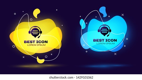 Black Headphones with speech bubble chat icon isolated on blue background. Support customer service, hotline, call center, faq, maintenance. Set of liquid color abstract shapes. Vector Illustration