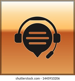 Black Headphones with speech bubble chat icon isolated on gold background. Support customer service, hotline, call center, faq, maintenance.  Vector Illustration